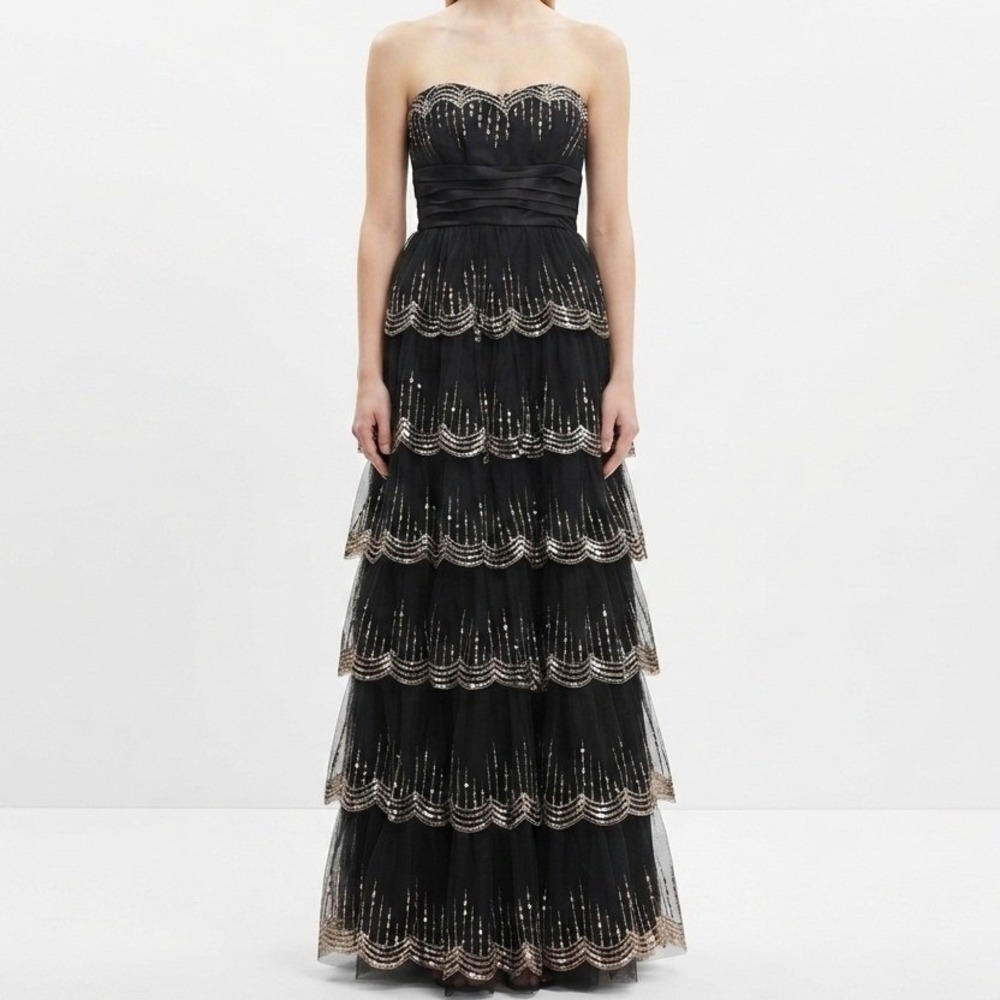 Masquerade Tiered Tulle Ball Gown Womens 9/10 Black Sequin Formal Prom Dress